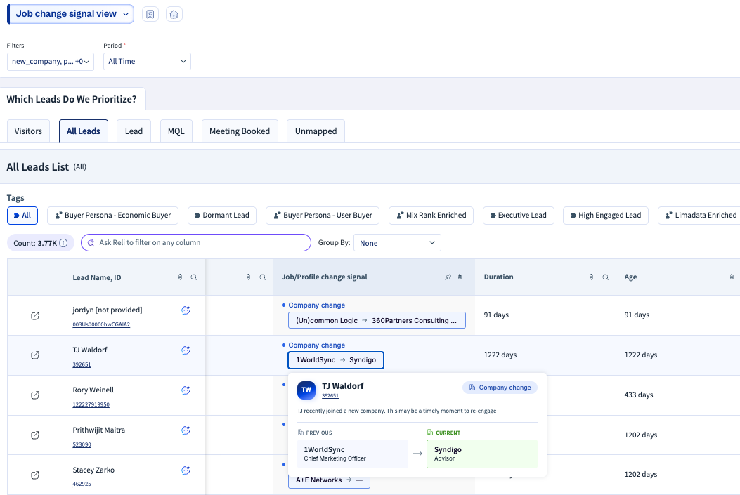 Overview of job change signals for various leads with company changes highlighted.